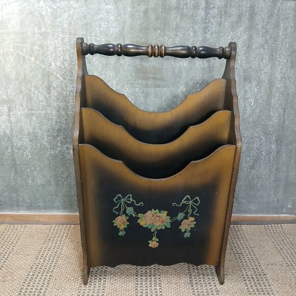 Vintage Antique Wood Magazine Holder, French Style Floral Panel Rack/Stand - Picture 1 of 10